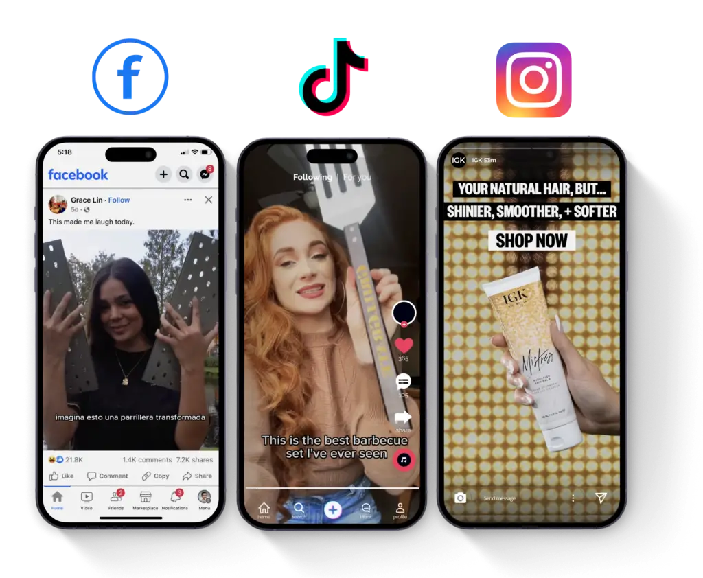 Facebook ad mocked up on a phone to the left, TikTok ad mocked up on a phone in center, Instagram ad mocked up on a phone on the right