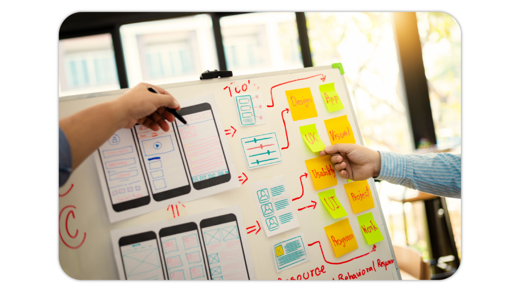 Two people's hands brainstorming UI-UX on a white board